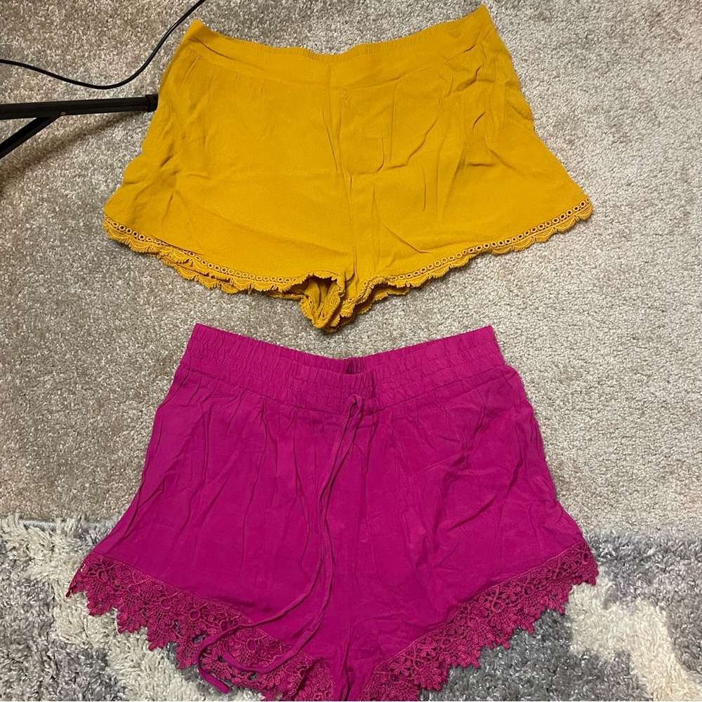 Forever 21 High Waist Mustard and Magenta Lace Trim Shorts